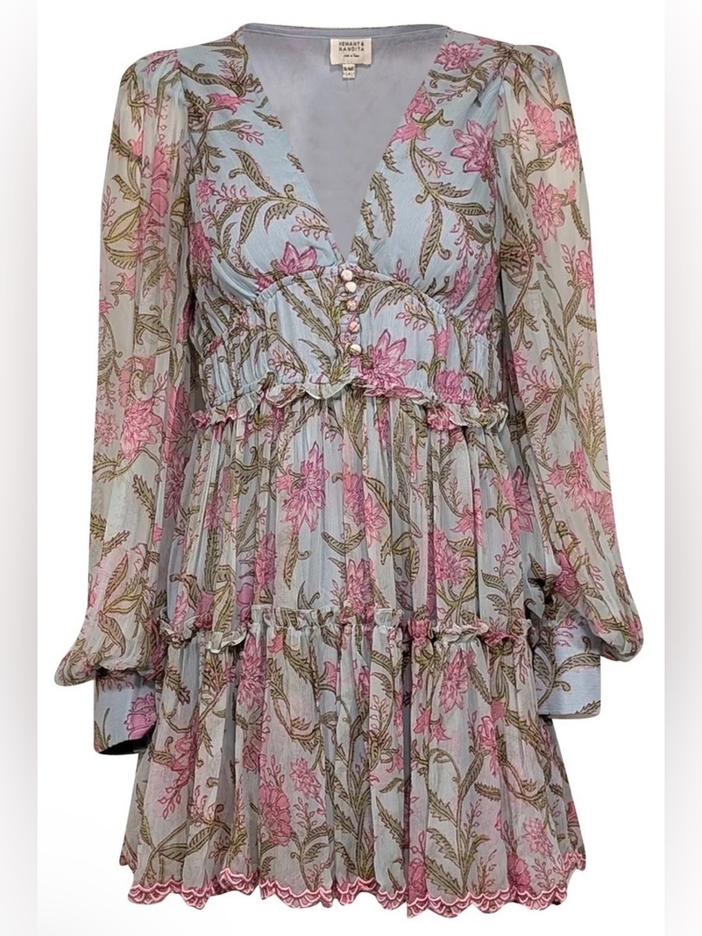 Hemant & Nandita Floral V-Neck Mini Dress in Light Blue and Pink size XS